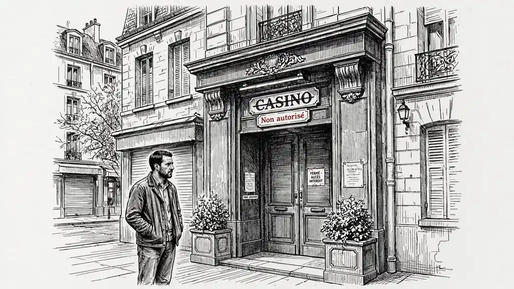 Joueur devant une porte de casino non autorisée, l'air déçu.